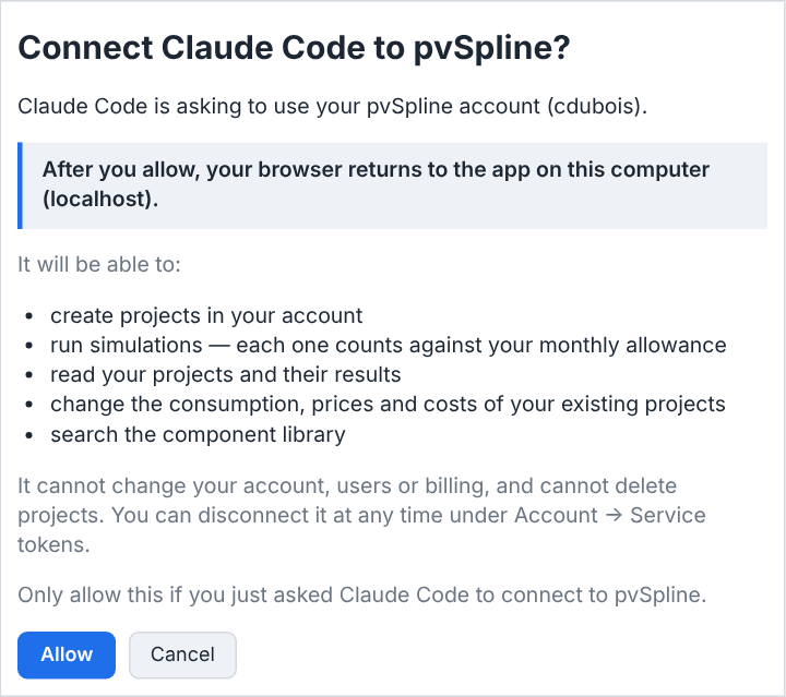 A card titled Connect Claude Code to pvSpline? naming the signed-in account, a line saying the browser returns to the app on this computer, a bulleted list of five things the assistant will be able to do, two short paragraphs on what it cannot do and when to allow it, and Allow and Cancel buttons.