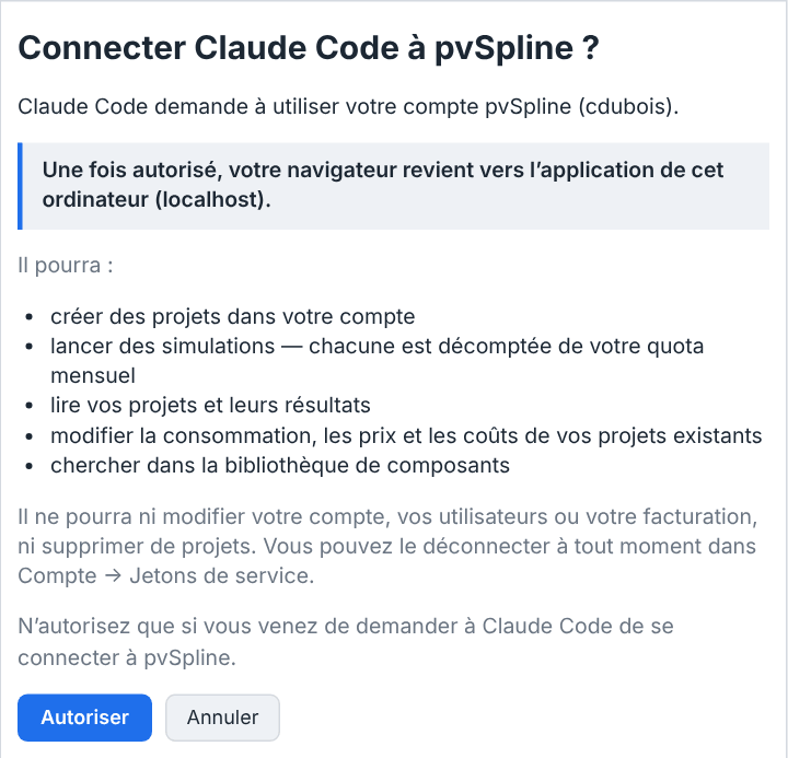 Une carte intitulée Connecter Claude Code à pvSpline ? nommant le compte connecté, une ligne indiquant que le navigateur revient vers l'application de cet ordinateur, une liste à puces de cinq choses que l'assistant pourra faire, deux courts paragraphes sur ce qu'il ne pourra pas faire et sur quand l'autoriser, et les boutons Autoriser et Annuler.