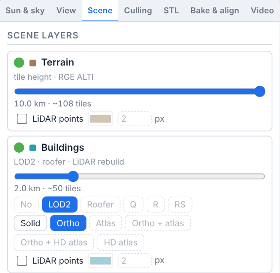 A narrow panel under the inspector tabs Sun & sky, View, Scene, Culling, STL, Bake & align and Video, with Scene selected. Under the Scene layers heading come the Terrain and Buildings cards, each with a green visibility dot, a distance slider with its reach and tile estimate and, at its foot, a LiDAR points line with its checkbox, colour swatch and point size; the Buildings card also has rows of option chips such as No, LOD2, Roofer, Q, R, RS, Solid, Ortho and Atlas.