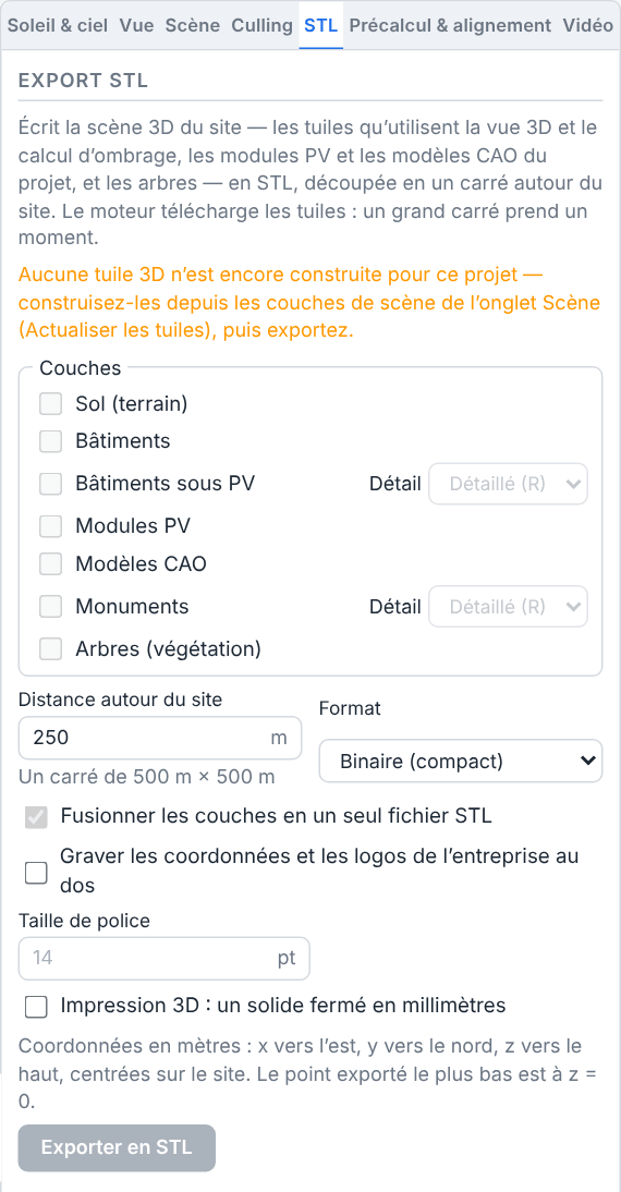 L'inspecteur sur son onglet STL, sous le titre Export STL : une note sur le contenu de l'export, un avertissement indiquant qu'aucune tuile 3D n'est encore construite pour le projet, une liste de cases de couches grisées, la distance autour du site avec la taille de son carré, les options de fusion, de format, d'impression 3D et de gravure, et un bouton Exporter en STL grisé.