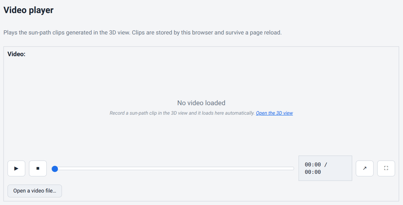 The Video player page: its title and description, an empty Video: slot row, a large blank area reading No video loaded with a link to open the 3D view, a transport row with play, stop, a seek bar, a 00:00 / 00:00 readout, open-in-new-tab and full-screen buttons, and an Open a video file button.