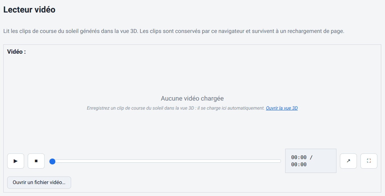 La page Vidéo : son titre et sa description, une rangée Vidéo : vide, une grande zone blanche indiquant Aucune vidéo chargée avec un lien pour ouvrir la vue 3D, une barre de transport avec lecture, arrêt, une barre de progression, un compteur 00:00 / 00:00, des boutons d'ouverture dans un nouvel onglet et de plein écran, et un bouton Ouvrir un fichier vidéo.
