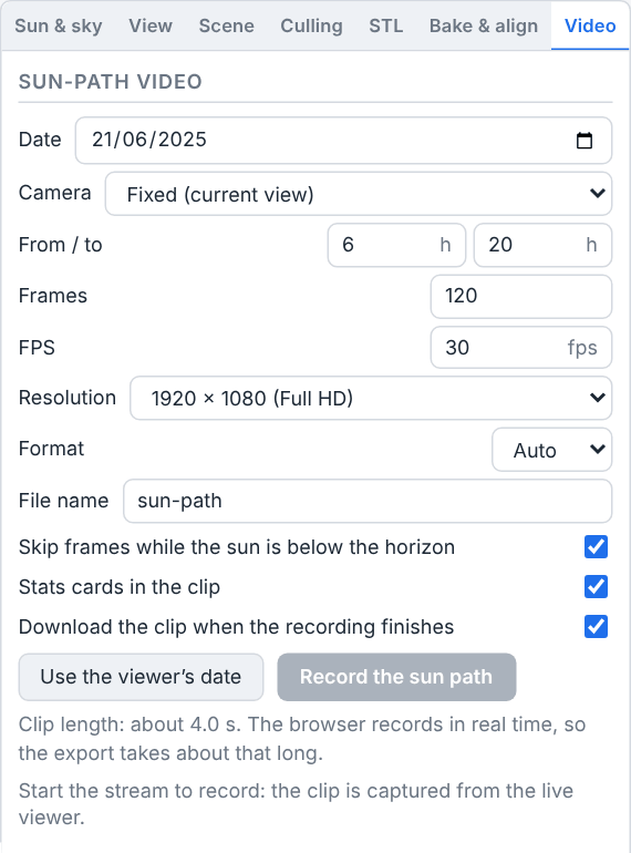 The inspector with its Video tab selected: a date field, the camera mode, the from and to hours, the night-skip box, frames, frames per second, resolution, format, file name, the stats-cards and auto-download boxes, a Use the viewer’s date button, a greyed Record the sun path button, the clip length note and a line saying the stream must be started to record.