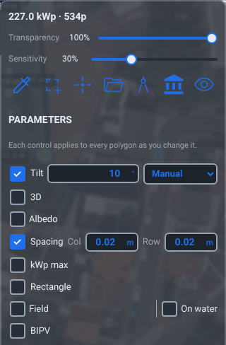 The docked panel on the right of the map: the totals line, the module opacity and sensitivity sliders, the tool icons, then the PARAMETERS section — a checkbox per row, two of them ticked and showing their tilt and spacing controls, the others showing only their names.