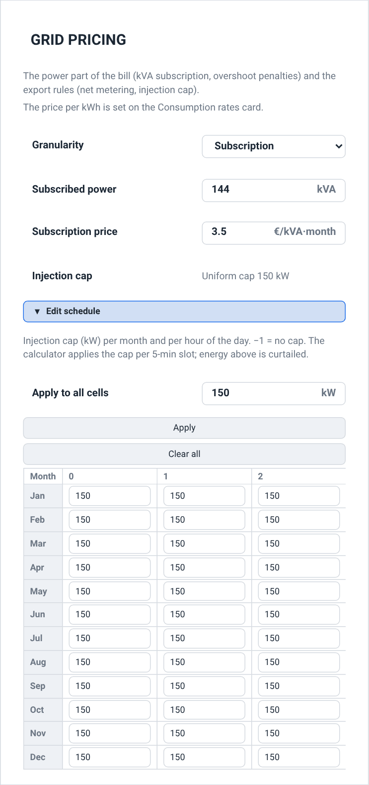 The Grid pricing card: Granularity set to Subscription, the subscribed power in kVA and its monthly price, the Injection cap row reading uniform cap 150 kW, then the open editor with its Apply to all cells field, Apply and Clear all buttons, and a grid with a row per month whose first hour columns all hold 150.
