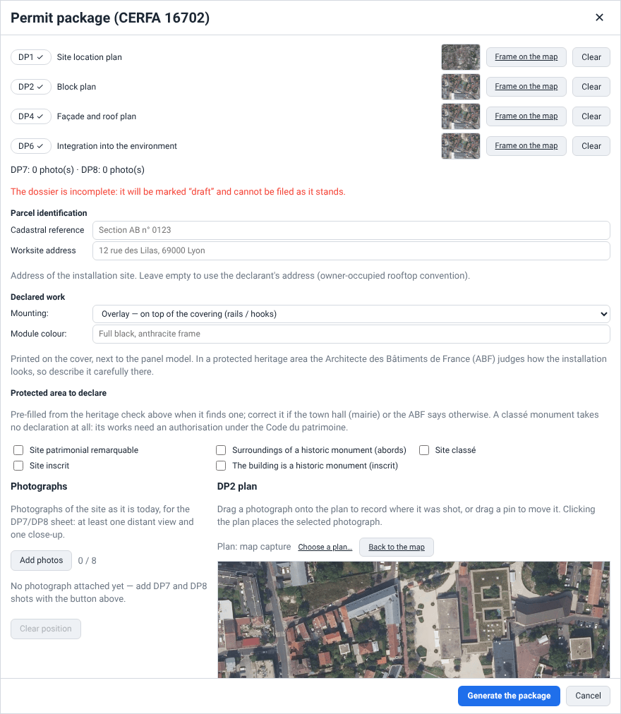 A dialog titled Permit package (CERFA 16702): four sheet rows DP1, DP2, DP4 and DP6, each ticked with an aerial thumbnail and Frame on the map and Clear buttons, a red note that the dossier is still incomplete, the parcel, declared-work and protected-area fields, and at the bottom a Photographs column with an Add photos button beside the DP2 plan, an aerial picture of the site.