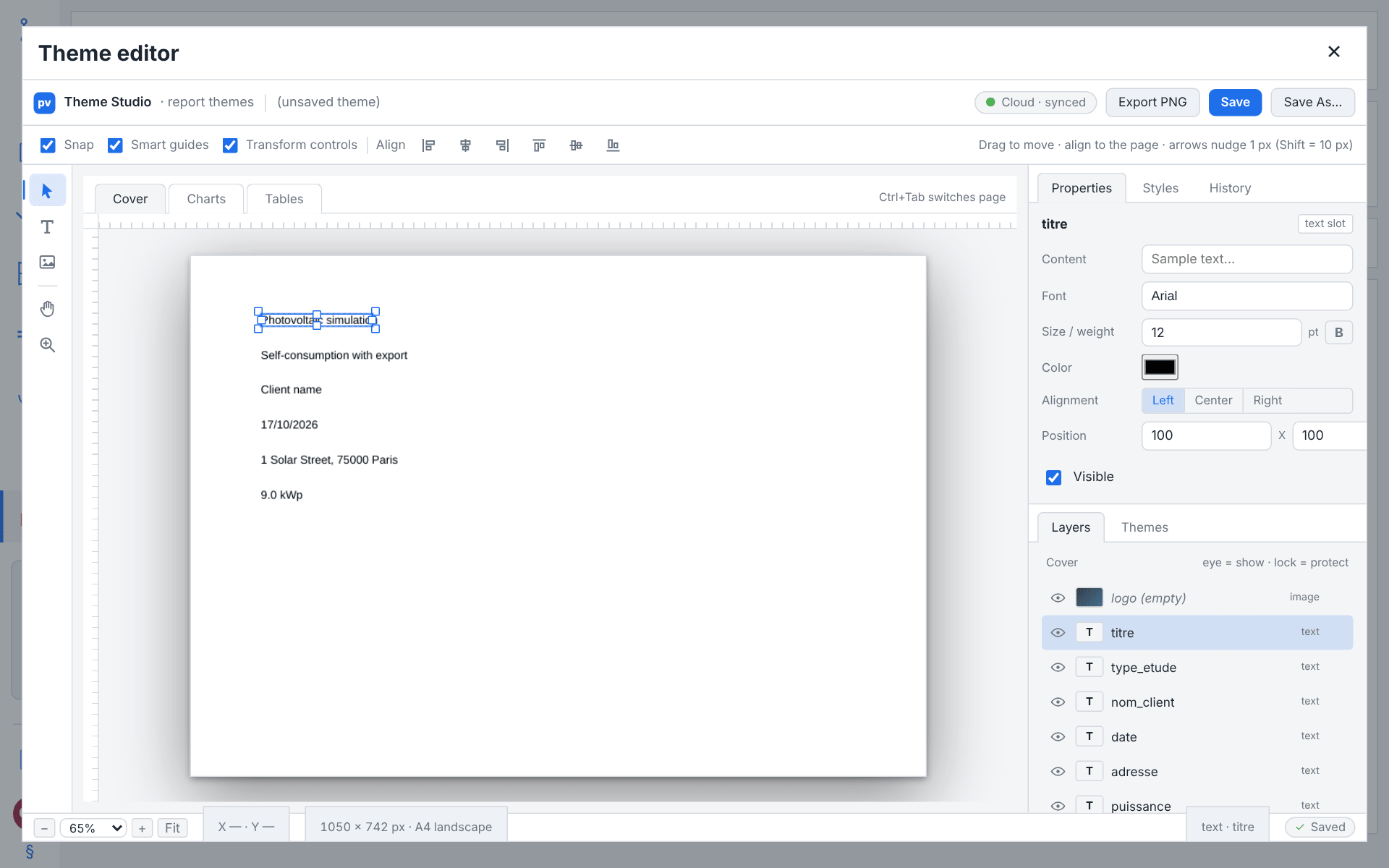 A full-screen Theme editor: Cover, Charts and Tables tabs above a landscape page whose title text box is selected with handles, and on the right a Properties panel with content, font, size, colour, alignment and position fields above the Layers list of the cover's slots.